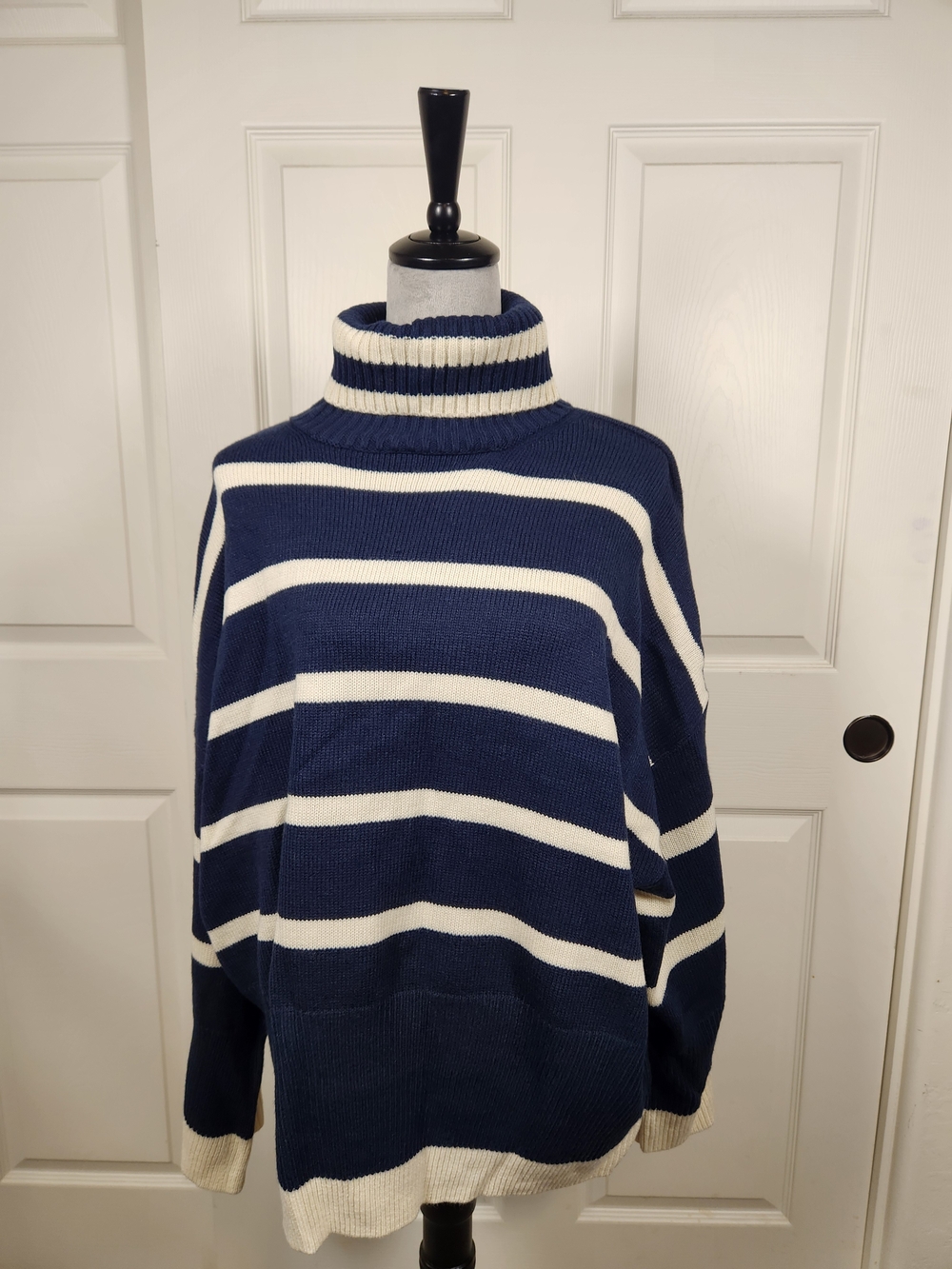 Topshop Navy and White Striped Turtleneck Sweater
